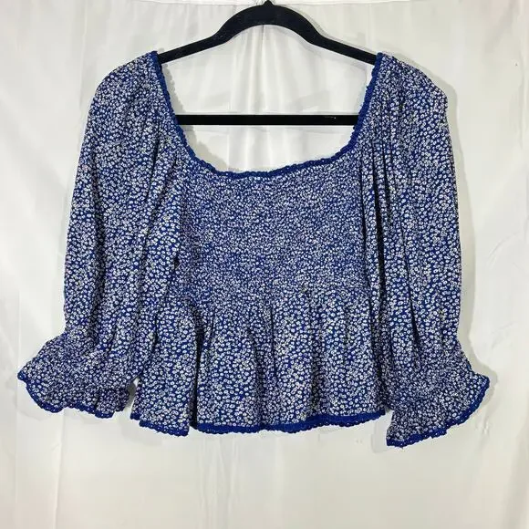Free People Brittnee Printed Smocked-Back Peplum Top – Blue Floral – Size S - Picture 3 of 7